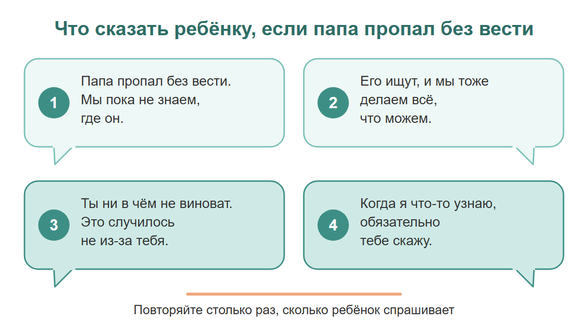 Четыре фразы для разговора с ребёнком о папе, который пропал без вести: мы не знаем, где он; его ищут; ты не виноват; я скажу, когда что-то узнаю.