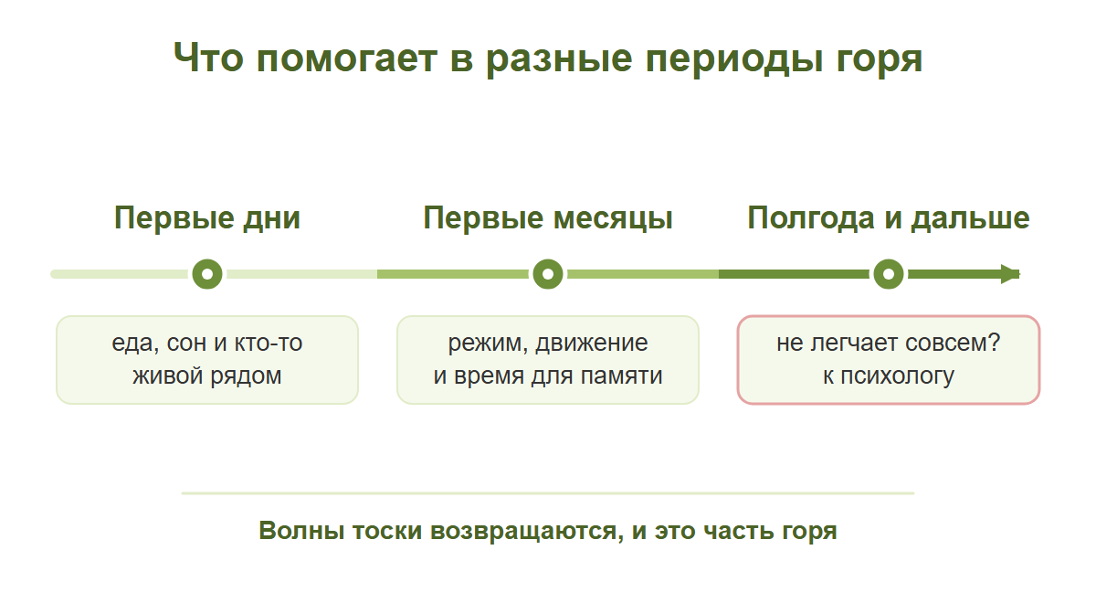 Линия времени горя с тремя периодами: первые дни, первые месяцы, полгода и дальше, и что помогает в каждом