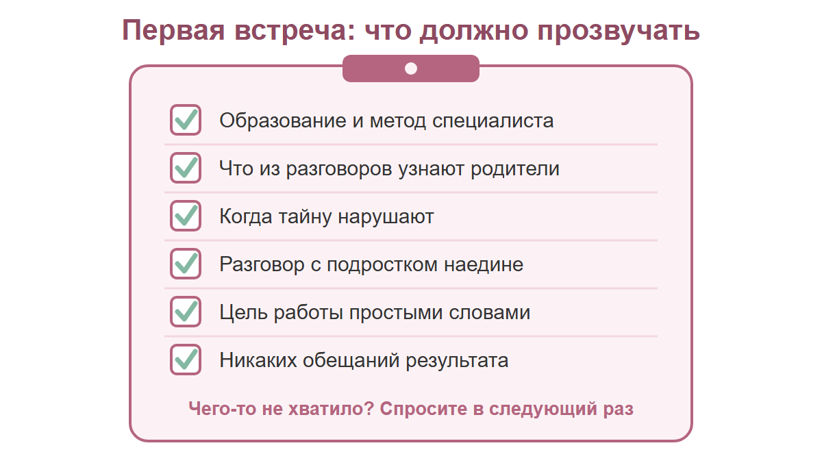 Чек-лист первой встречи с психологом для подростка: образование и метод, что узнают родители, границы тайны, разговор наедине, цель работы, без обещаний результата