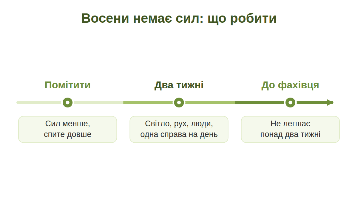 Три кроки при осінній втомі: помітити зміни, два тижні маленьких кроків, звернутися до фахівця