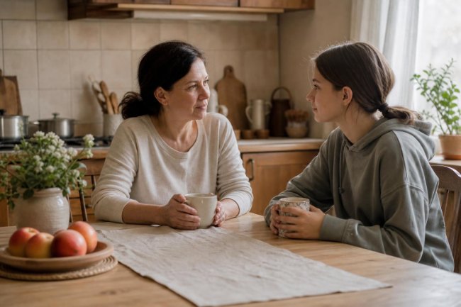 Родитель и подросток спокойно разговаривают за кухонным столом, перед ними две чашки чая