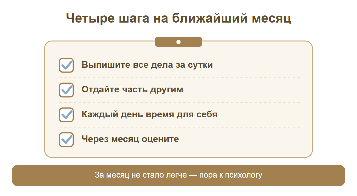 Четыре шага при выгорании в декрете: выписать дела, отдать часть другим, время для себя каждый день, через месяц оценить состояние
